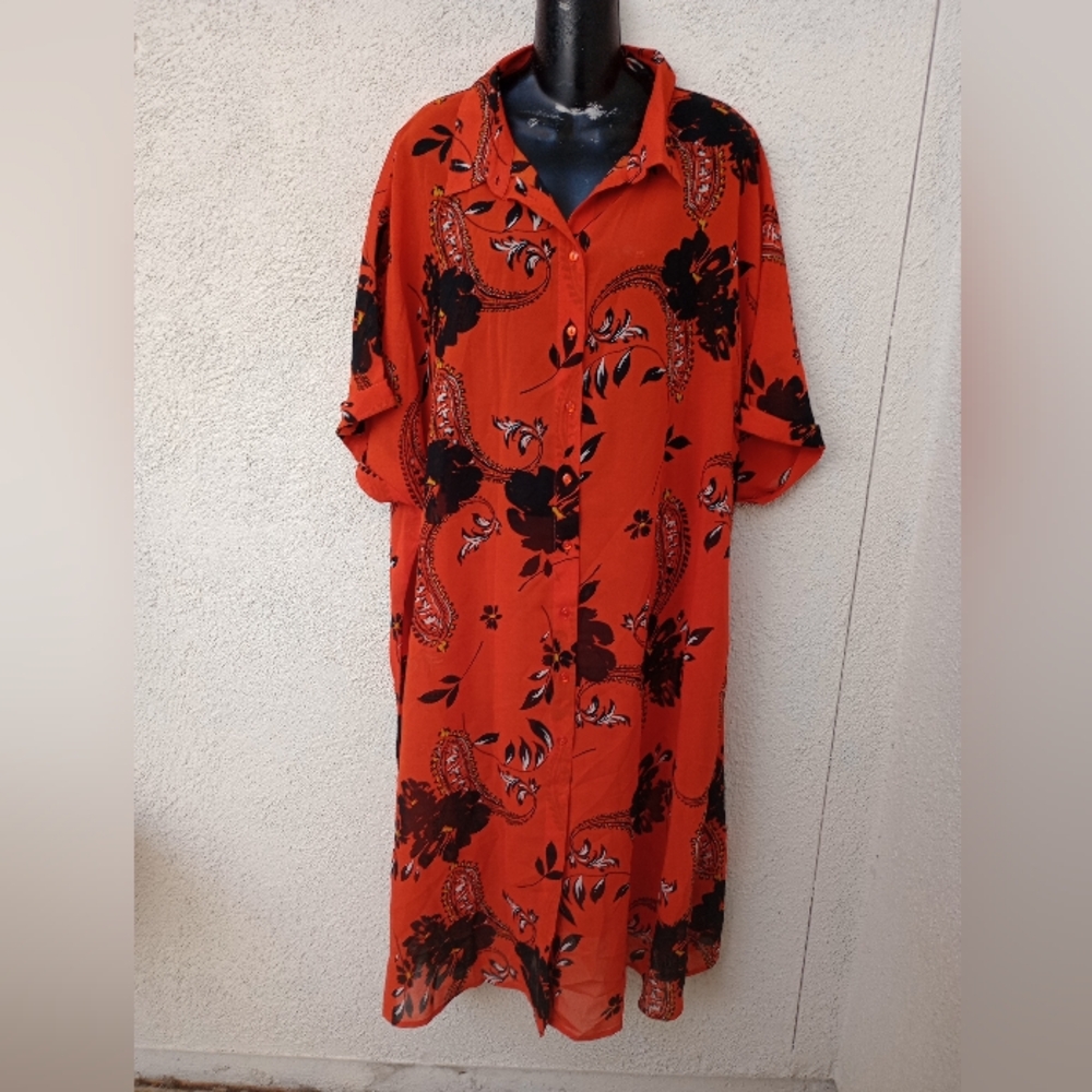 Simply Be Shirt Dress Paisley Floral Short Sleeve Spring Fall Orange Black 26
